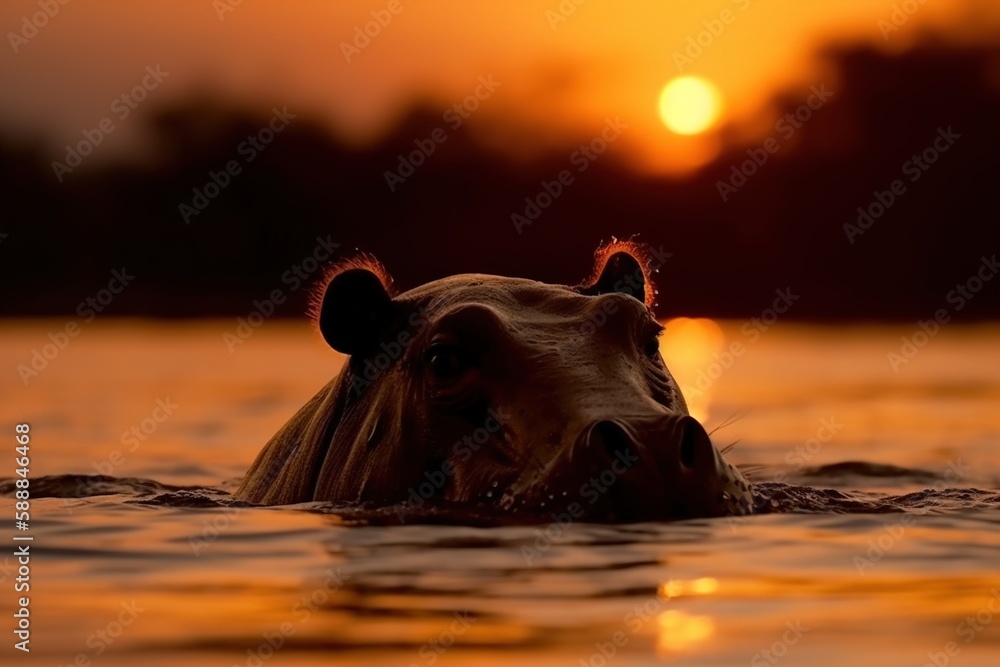 Fototapeta premium wild animal silhouette at sunset, generative ai