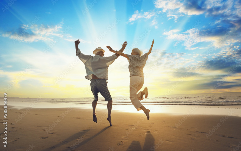 happy elderly couple grandfather and grandmother view from the back holding hands, Generative Ai, happy elderly couple grandfather and grandmother view from the back holding hands, Generative Ai,