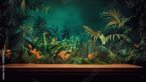 Tropical green floral background for product display. Generative Ai