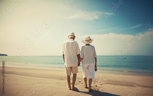 happy elderly couple grandfather and grandmother view from the back holding hands, Generative Ai,