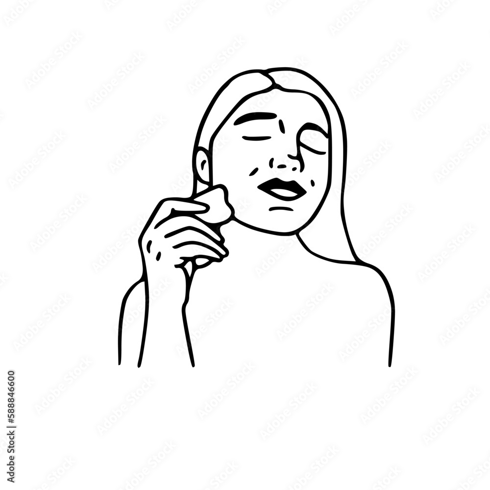Woman doing gua sha massage. Line drawing. Isolated on white background. Woman doing gua sha massage. Line drawing. Isolated on white background.