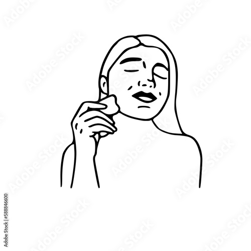 Woman doing gua sha massage. Line drawing. Isolated on white background.