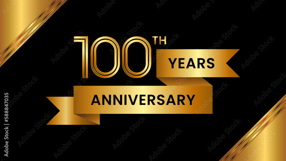 100th Anniversary. Anniversary template design with number and golden ribbon. Logo Vector Template