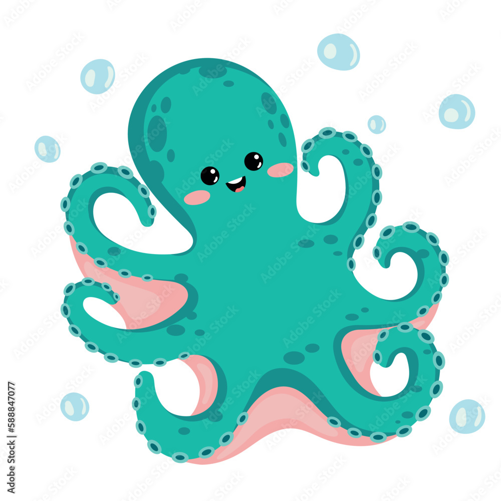 Obraz premium Cute cartoon octopus. Vector flat octopus illustration. Vector illustration of cartoon octopus. Cute and beautiful hand drawn octopus. Sea animal vector illustration.
