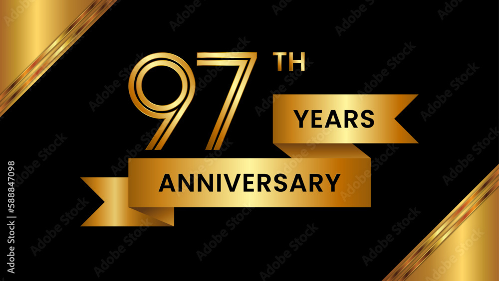 97th Anniversary. Anniversary template design with number and golden ribbon. Logo Vector Template