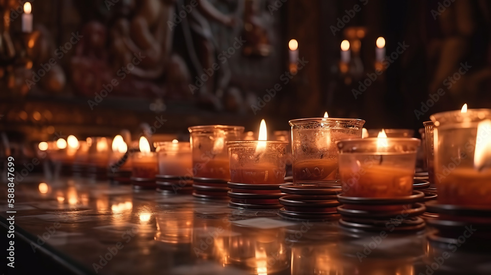 Flame of candles in the dark sacred interior of the temple. Generative Ai