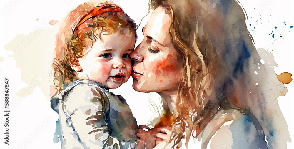 Mother holding a baby, mother's day watercolor drawing. Generative Ai,