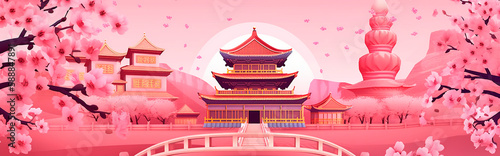 pink chinese background with sakura blossoms and chinese temple. Generative AI,