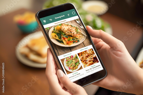 online restaurant, delivery shopping app on smartphone, concept, illustration, generative ai