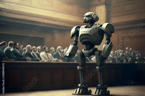 Anthropomorphic robot stands in human court, neural network generated art. AI law concept. Digitally generated image. Not based on any actual person, scene or pattern. photo