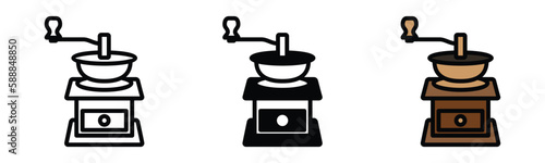 Coffee grinder icon vector on with background. Coffee maker icons in line, flat, and color style. Coffee shop sign and symbol. Vector illustration