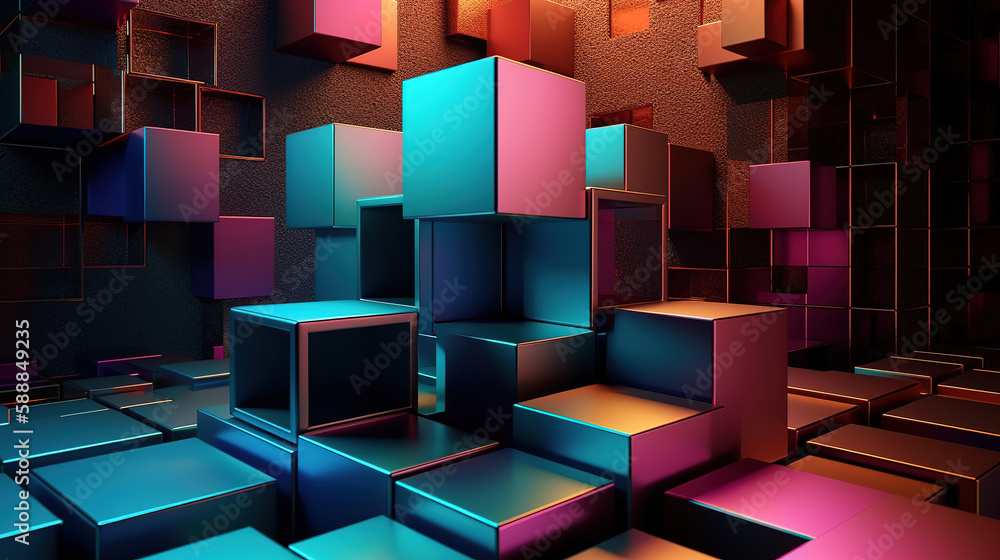 Iridescent metallic geometric shapes. Trendy colorful wallpaper. Generative Ai