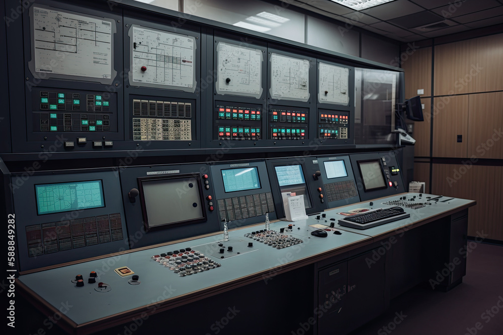 Central control panel. Operator workplace with a lot of screens and buttons for monitoring technology process at production line. Created with Generative AI Central control panel. Operator workplace with a lot of screens and buttons for monitoring technology process at production line. Created with Generative AI