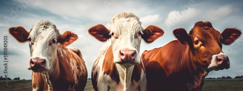 Three cows on a farm. Generative AI,