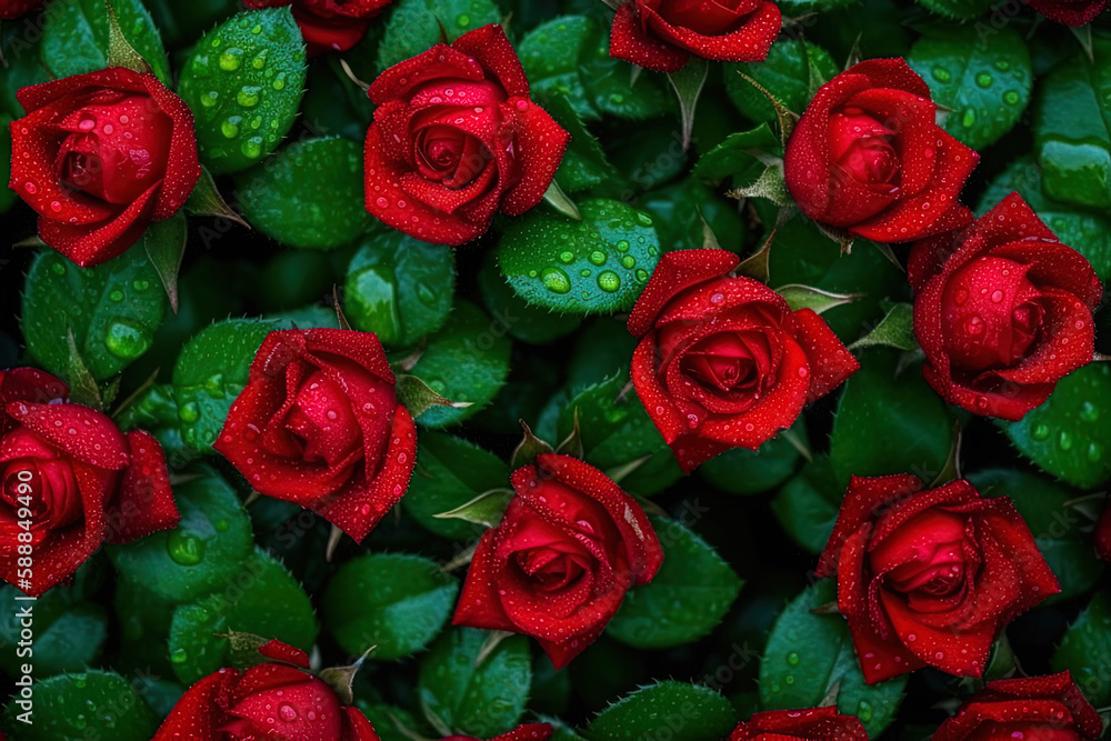 Seamless background small red roses with green leaves visible water drops