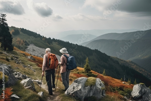 Senior couple hiking in mountains. Elderly tourists with bikepacks travelling outdoor. Active lifestyle in old age. Created with Generative AI