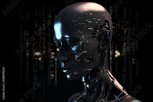 Visualizatipon of human consciousness in artificial intelligence, process of thinking robot. Humanoid android on dark background with neurals connection. Created with Generative AI