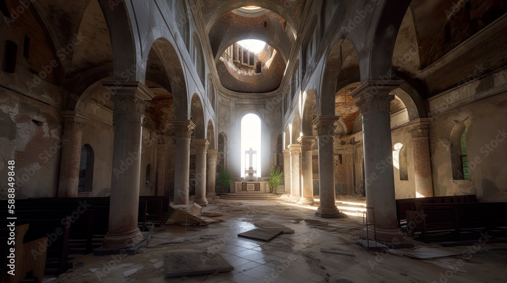 Interior of abandoned catholic church, obsolete and ruined, AI generative