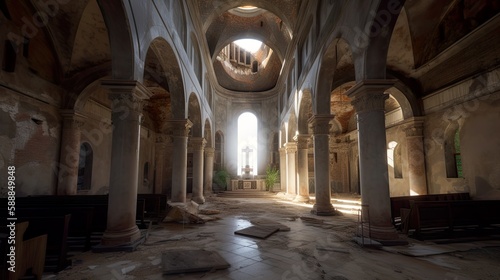 Interior of abandoned catholic church  obsolete and ruined  AI generative