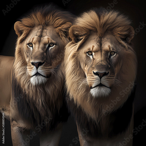 Lions in front of white background, AI generated
