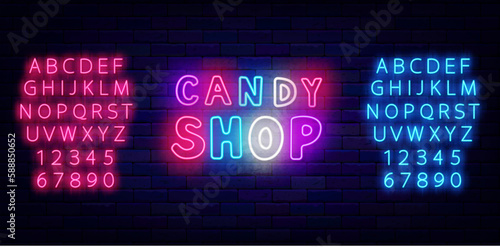 Candy shop neon label. Sweet bar logotype. Handwritten text. Glowing emblem. Blue and pink alphabet. Vector illustration
