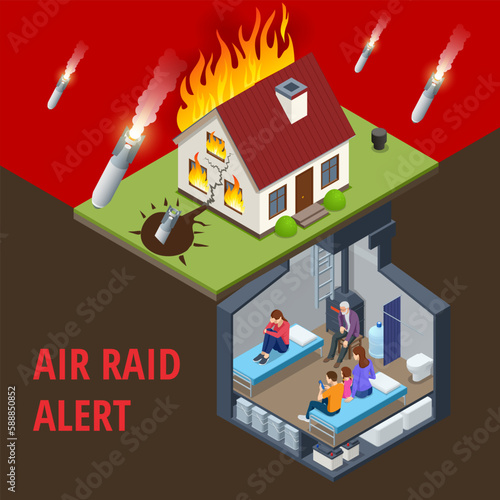 Isometric concrete bomb shelter, Bunker, bombproof shelter, air-raid shelter. Underground bomb shelter with beds, and a supply of food for survival. Ballistic missile flies. Stop the war.