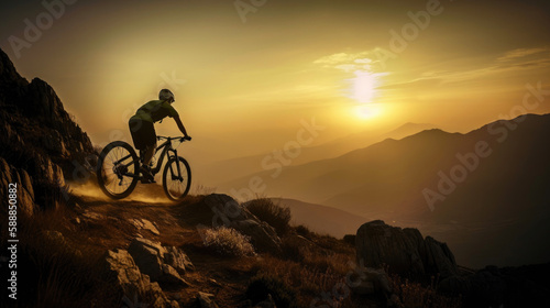 Mountain bike race - silhouette cyclist on background. Generative AI