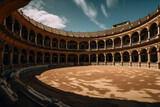 Low-angle view of Seville Plaza de toros in Spain. Generative AI