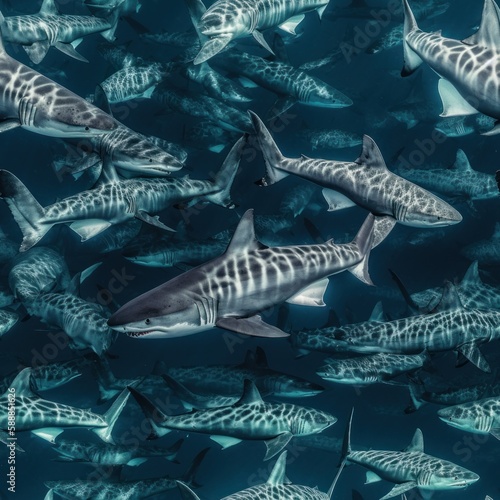Tiger Shark (Galeocerdo cuvier, Galeocerdonidae family) fish schooling together as an underwater background tile for use as a repeating art pattern design. Generative AI. © Will Howe