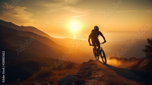 Silhouette of a mountain biker enjoying downhill during the sunset. Generative AI
