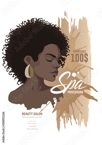 African girl in a frame with short curly hair over splashes