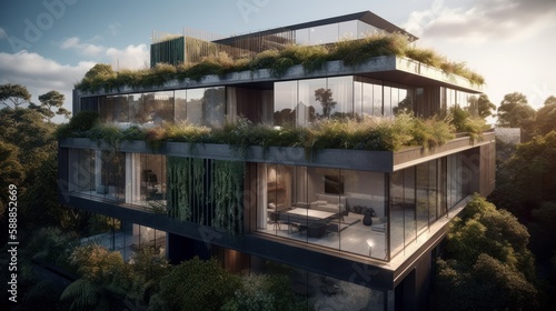 Carbon-negative luxury living  A home with rooftop garden and electric supercar  surrounded by breathtaking nature in Europe s riverside village  Generative AI