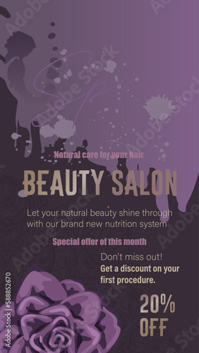 Abstract flayer for a beauty salon with curly hair and flowers. photo