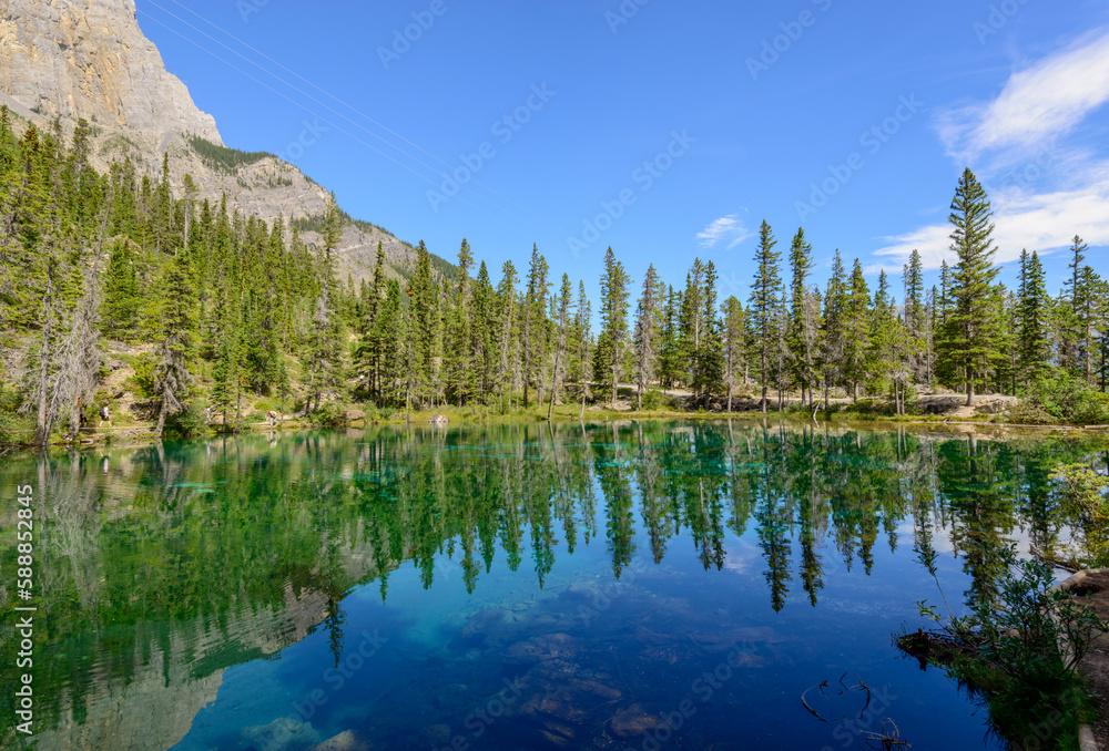 Mountain lake with blue sky and white clouds in Vancouver, Canada