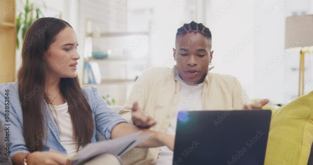 Stress, argument and couple with paperwork for debt, taxes or expenses on sofa in home. Interracial, laptop and black man and angry woman with conflict for financial problem, bankruptcy or bills. Stress, argument and couple with paperwork for debt, taxes or expenses on sofa in home. Interracial, laptop and black man and angry woman with conflict for financial problem, bankruptcy or bills.