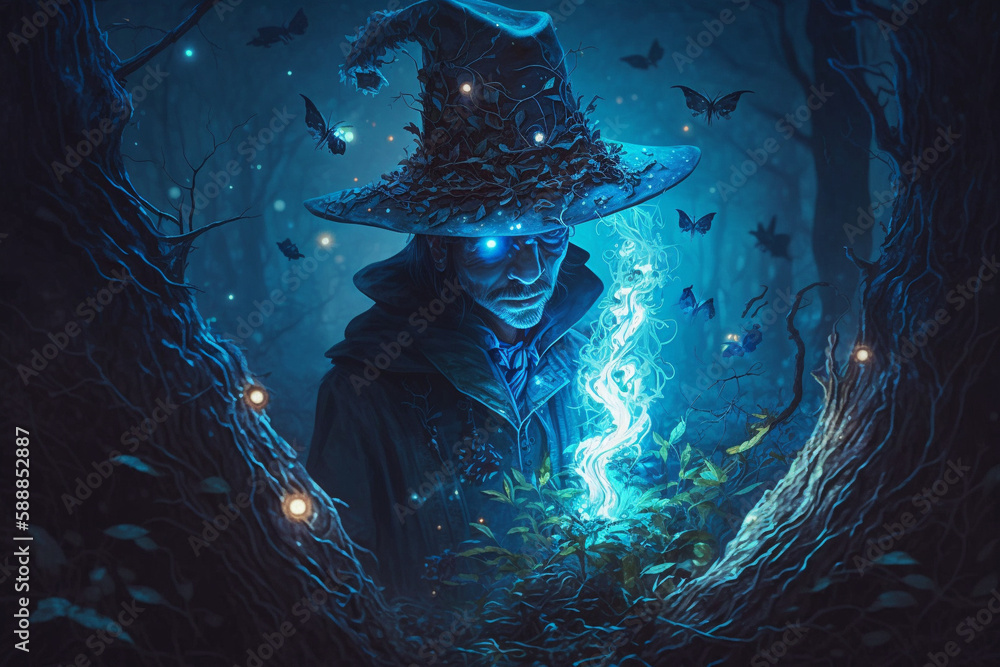 Obraz premium Blue scary Fantastic wizard making spells in the forest. Creative vector illustration design character. Magic and wizardry. Ai generated