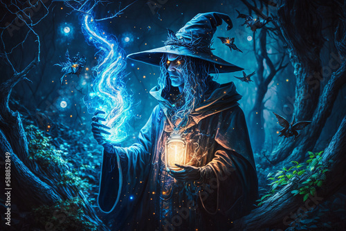 Blue scary Fantastic wizard making spells in the forest. Creative vector illustration design character. Magic and wizardry. Ai generated