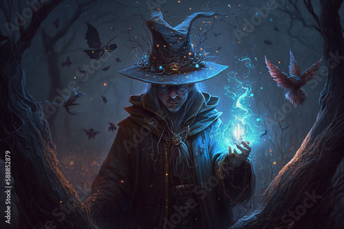 Blue scary Fantastic wizard making spells in the forest. Creative vector illustration design character. Magic and wizardry. Ai generated