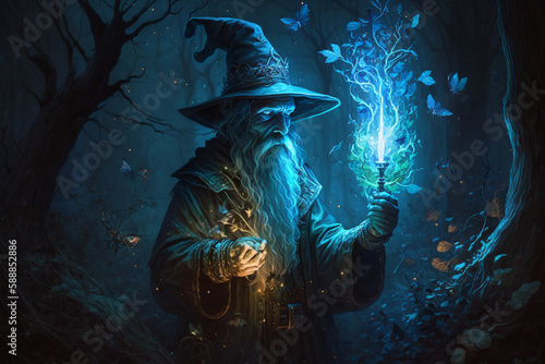 Blue scary Fantastic wizard making spells in the forest. Creative vector illustration design character. Magic and wizardry. Ai generated