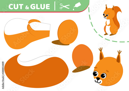 Squirrel. Cute red squirrel. Cut and glue. Application work. Paper game. Vector