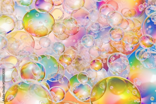 Abstract colorful background with soap bubbles, rainbow colors, close up. Generative AI