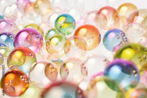 Colorful bubbles on white background, macro photo, shallow dof. Generative AI