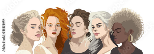 Group portrait of a five beautiful girls with various hair color and style