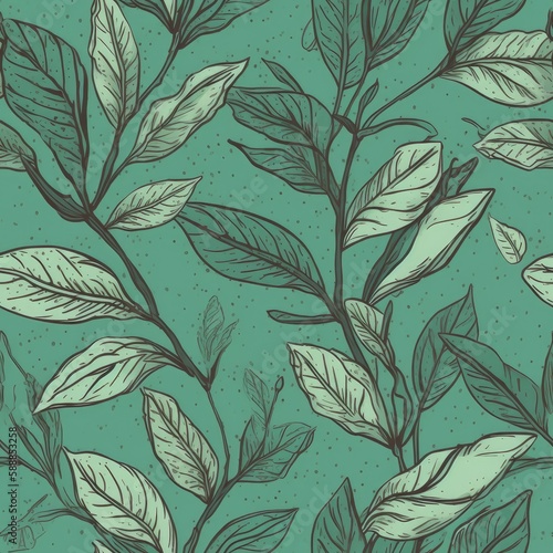 Tea Leaf On Jade Green Background. Infinite, Seamless Backgrounds. Generative AI