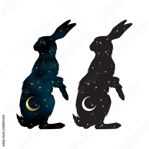 Silhouette of the hare magic animal with night sky with crescent moon gothic tattoo design isolated vector illustration