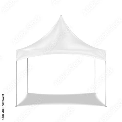 Blank white canopy tent realistic vector mock-up. Camping gazebo mockup. Outdoor summer event portable instant shelter template