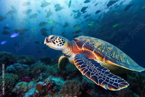 Wasserschildkröte in einem Korallenriff with Generative KI © m.mphoto