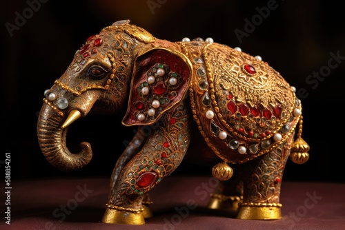 Decorated Elephant Statue In Gold And Red. Generative AI