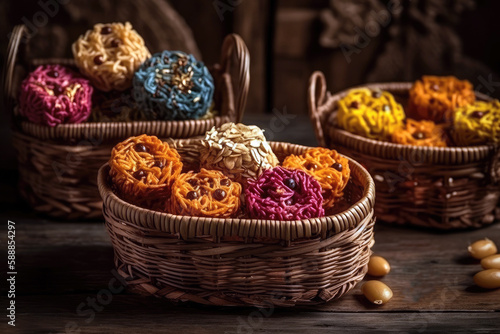 Traditional Indian Snacks In Decorative Baskets. Generative AI photo