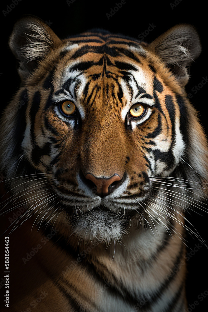 Fototapeta premium portrait of a bengal tiger isolated on black background. Generative Ai